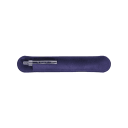 A purple pen pouch containing a silver pen, featuring a logo on the exterior.
