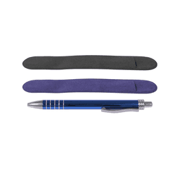 A pen pouch in black and purple with a silver pen, featuring a logo on the pen.