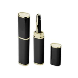 A sleek black aluminium gold pen box with a pen and a separate cap, featuring gold accents.