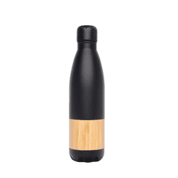 A drink bottle featuring a sleek black design with a bamboo accent. Includes a branding logo.
