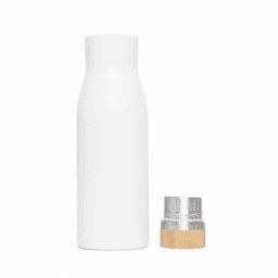 A drink bottle in white with a stainless steel and bamboo lid, designed for keeping beverages hot or cold.