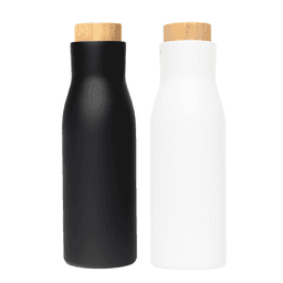 A drink bottle set featuring a black and a white thermos-style vacuum bottle, each with a bamboo lid.