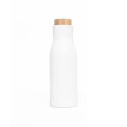 A drink bottle in matte white with a natural wood lid and a simple, sleek design. It features a logo.