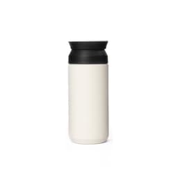 A drink bottle in white with a black lid, featuring a sleek, modern design and a logo.
