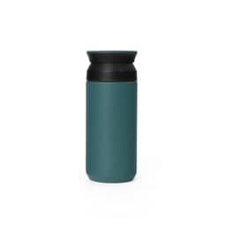 A drink bottle with a teal body and a black lid, featuring a logo on the side.