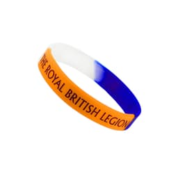 A silicone wristband featuring tri-colour design with blue, white, and orange sections and a logo.