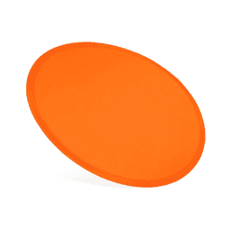 An orange nylon foldable flyer with a smooth surface, designed for outdoor fun and games. It has a logo.