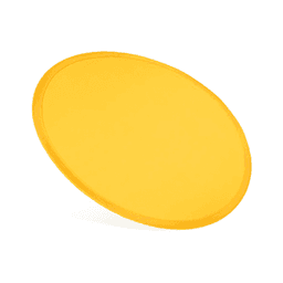 A yellow nylon foldable flyer with a circular shape, designed for fun and games. It features a logo.