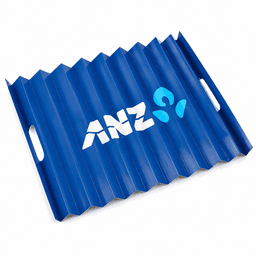 A blue Cardboard Clapper with a wavy design and a logo on it. Ideal as a fun novelty item for events.