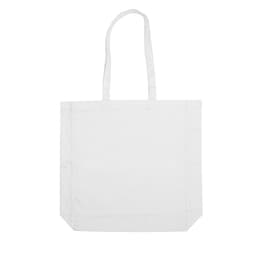 A white calico tote bag with long handles and a simple design. It features a logo or branding.