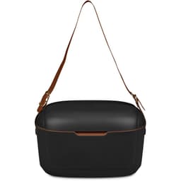 A black cooler box with a brown strap, featuring a smooth surface and a sleek design.
