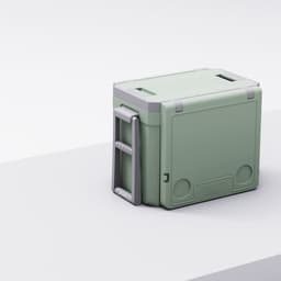 A green cooler box with a folding handle, featuring a textured lid and a compact design for outdoor use.