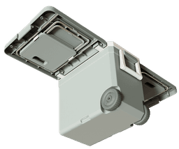 A grey cooler box with wheels, featuring a foldable table and chair. It has an integrated handle and a logo.