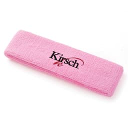 A pink plush terry sport headband featuring a logo, made from soft fabric for comfort.