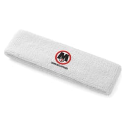 A white plush terry sport headband with a circular logo design.