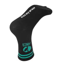 Black crew socks featuring teal stripes and a logo, with the phrase "kiss my grass" on the side.