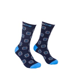 Crew Jacquard Socks in navy blue with light blue accents and geometric patterns. Features a logo on the cuff.