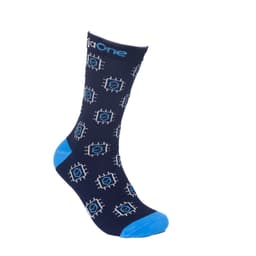 A pair of navy blue socks featuring a geometric pattern in light blue, with a logo near the top.
