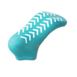 A pair of aqua blue custom short gripper socks with white non-slip grip patterns on the sole.