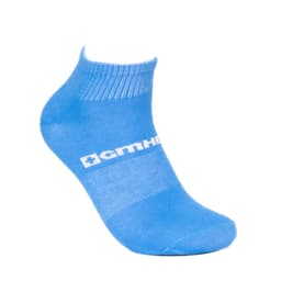 Light blue ankle-length gripper sock featuring a logo. Ideal for comfortable wear and grip.