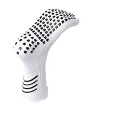 A pair of white socks with black grip patterns and a logo. The design features a fitted, athletic style.