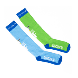 Knee high jacquard socks in blue and green, featuring a logo and text on the cuffs.