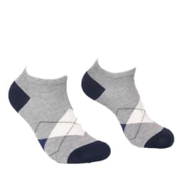 Ankle cut jacquard socks in grey, navy, and white with a geometric pattern. Features branding.