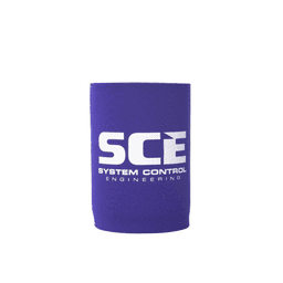 A purple stubby cooler featuring a logo for System Control Engineering. Suitable for holding drinks.