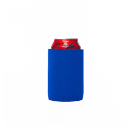 A blue stubby holder encases a red drink can, featuring a smooth, solid design with a logo.