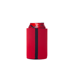 A red stubby cooler designed to fit a standard drink can, featuring a black stripe and a logo.