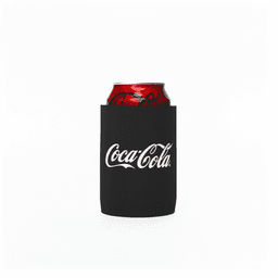 A stubby cooler in black holding a can of Coca-Cola, featuring a logo on the front.