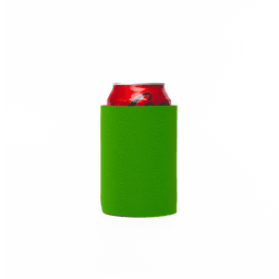 A green stubby cooler holds a can, designed to keep drinks chilled. It features a simple, branded design.