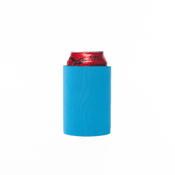 A bright blue stubby cooler holds a red can. The cooler features a simple design and includes a logo.