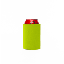 A bright green stubby cooler holding a can, featuring a logo on the surface.