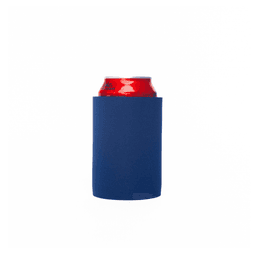A stubby cooler in navy blue, holding a can, with a plain surface and a logo.