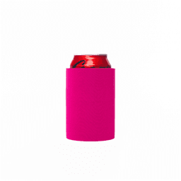 A bright pink stubby cooler holding a can, designed for drinkware. Features a simple, smooth surface.