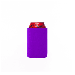 A purple stubby holder without a base, featuring a red drink can inside.