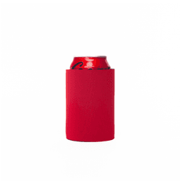 A red stubby cooler designed to fit around a standard drink can, with a smooth exterior and no base.