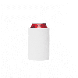 A white stubby holder with a can inside, designed to keep drinks cold. Features a logo.