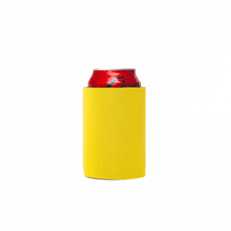 A bright yellow stubby cooler designed to hold a can securely, featuring a smooth surface and a logo.