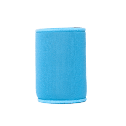 A drink bottle cooler in bright blue neoprene with a smooth finish and a branded logo.