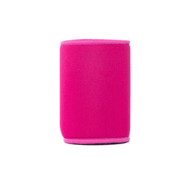 A pink neoprene stubby cooler with a contrasting trim and a logo on one side. Ideal for drinkware.