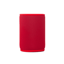 A red neoprene stubby cooler with a seamless design, suitable for holding drink bottles.