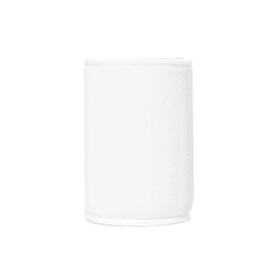 A white neoprene stubby cooler with a seamless design and a branding logo. Ideal for keeping drinks cool.