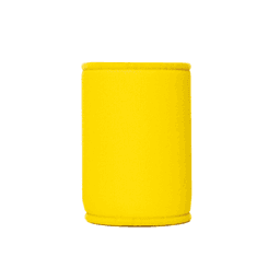 A drink bottle stubby cooler in bright yellow, made from neoprene, with a simple design and a branding logo.