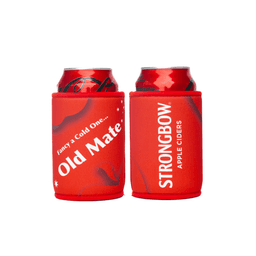 A red stubby holder featuring logos, designed to fit standard drink cans securely.