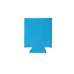 A blue neoprene stubby cooler, collapsible, with a bottom cut-out design. It features a logo.