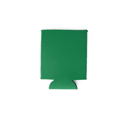 A green neoprene stubby cooler, featuring a collapsible design and a logo. Ideal for keeping drinks cold.
