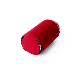A red neoprene stubby cooler with a black base, designed to hold drink bottles securely.