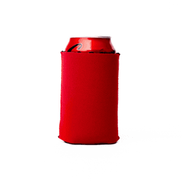 A red neoprene stubby cooler holding a drink can, designed for insulation and comfort.